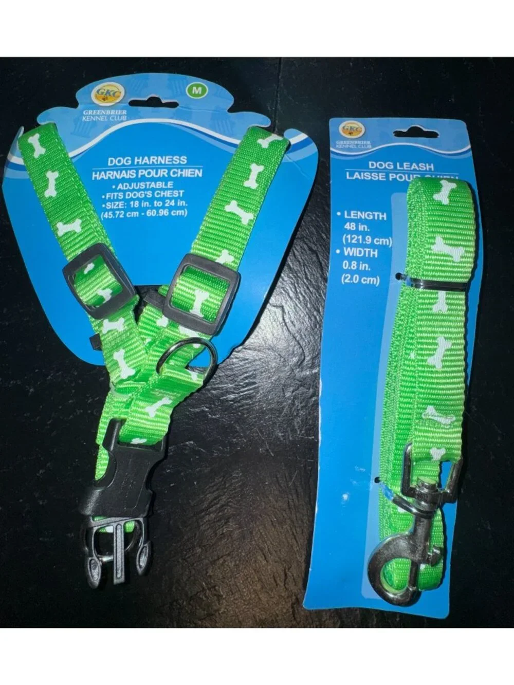 Greenbrier Kennel Club Dog Harness & Leash Set Adjustable Green With Bone Patter